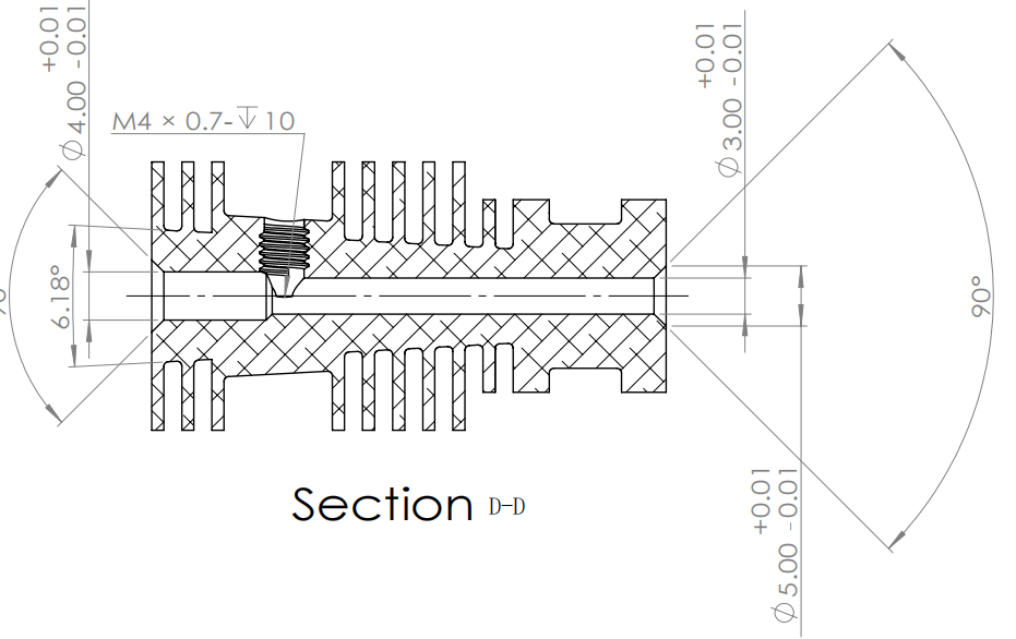 Toleranced section drawing of the heat-sink — Section D-D with the M4×0.7 tapped nozzle thread.