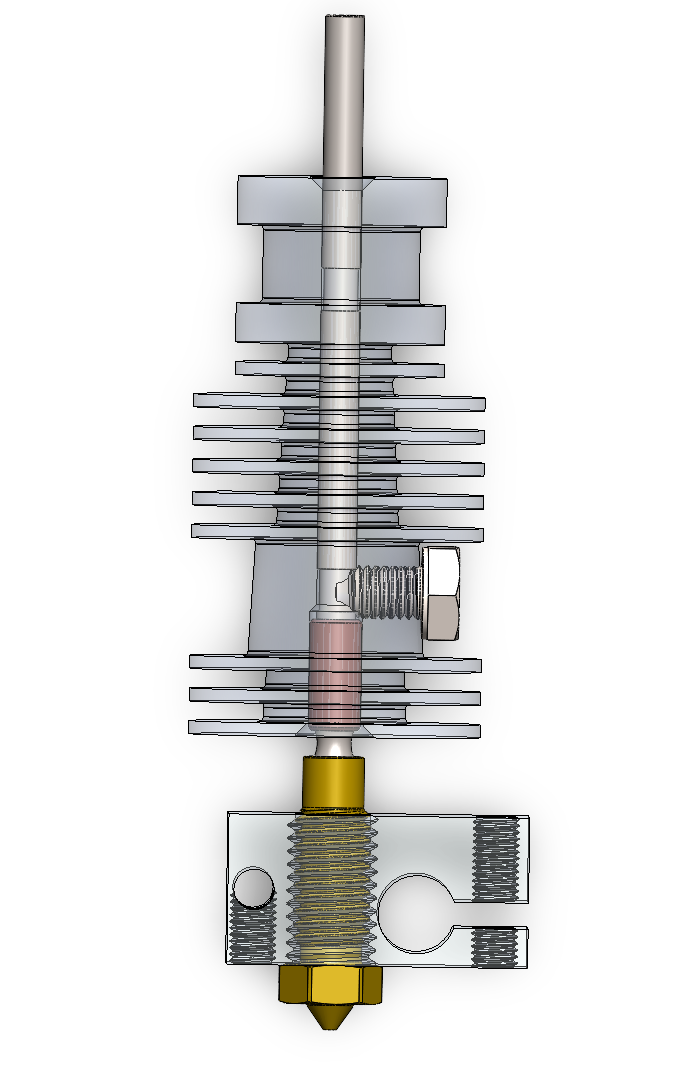 Section through the final hotend assembly — PTFE liner, heat break, set-screw, brass nozzle in the heater block.