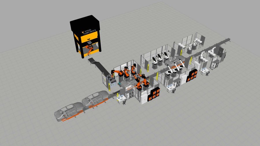 A robotic body-in-white welding line simulated in Visual Components.